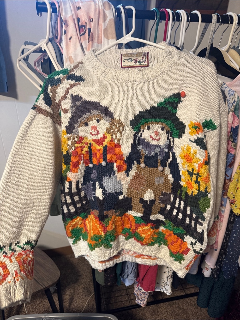Vintage Scarecrow Knit Sweater in Cream, Orange & Green